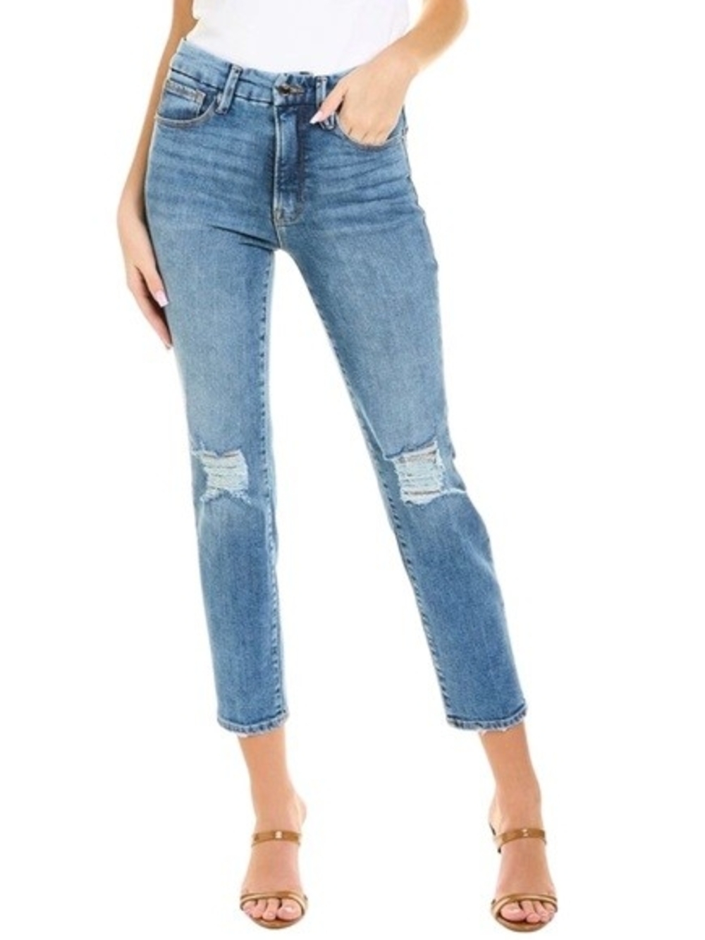 Good American Good Classic High Rise Slim Straight Jeans Distressed Womens 6/28